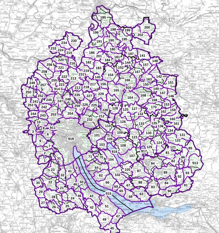 Die Karte zeigt die Jagdreviere im Kanton Zürich, Stand 2024.